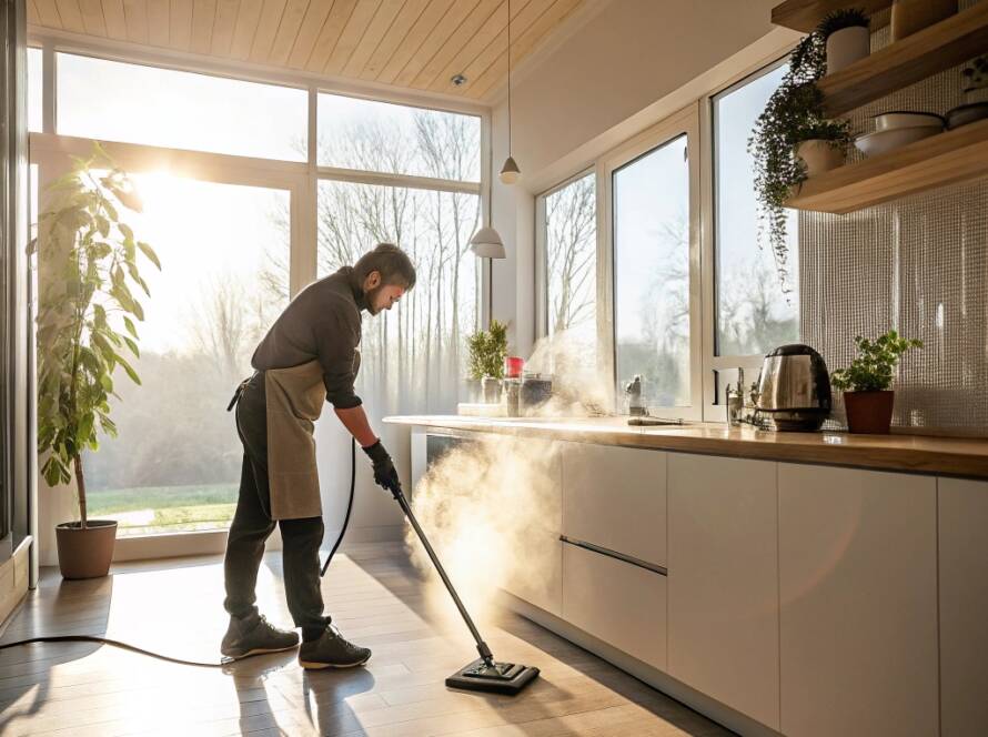 Professional cleaner using eco-friendly steam cleaning equipment in a bright St. Louis kitchen with sunlight and natural decor.