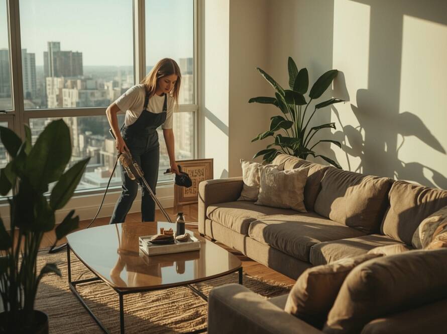 Professional cleaner performing eco-friendly apartment cleaning in a bright modern St. Louis apartment with sunlight and plants.