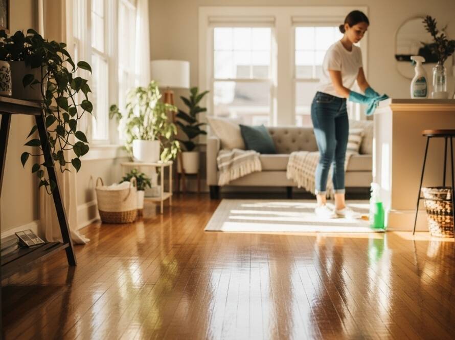 Eco-friendly professional cleaner providing house cleaning services in a bright, clean St. Louis home with sunlight and plants.