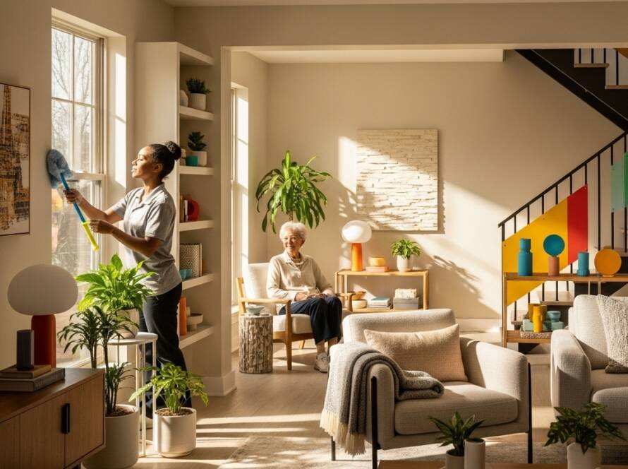Professional housekeeper providing light housekeeping for seniors in a bright St. Louis home with eco-friendly cleaning products and warm sunlight.