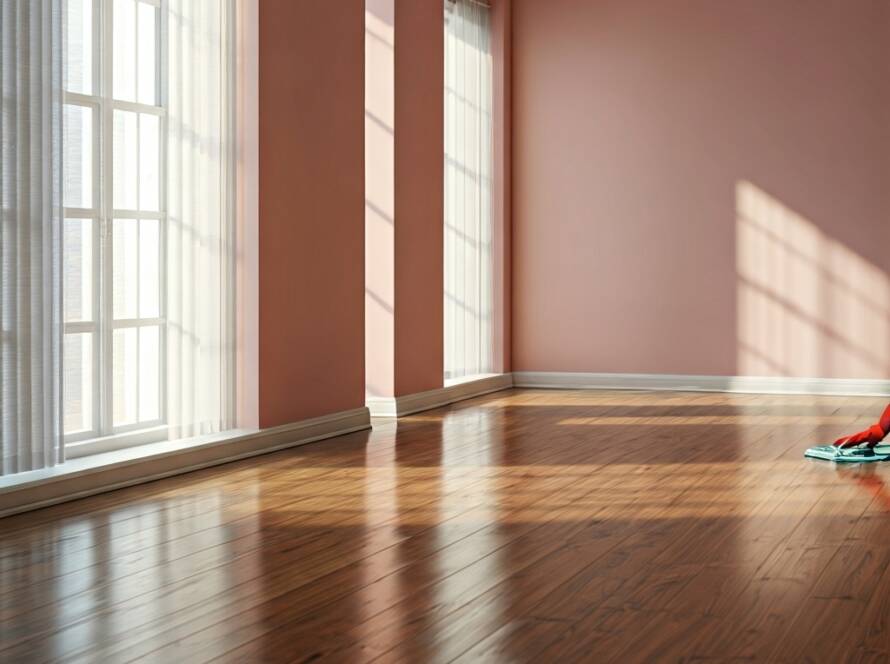 Professional cleaner performing eco-friendly move-out cleaning in a bright, empty St. Louis home with sunlight and polished wood floors.