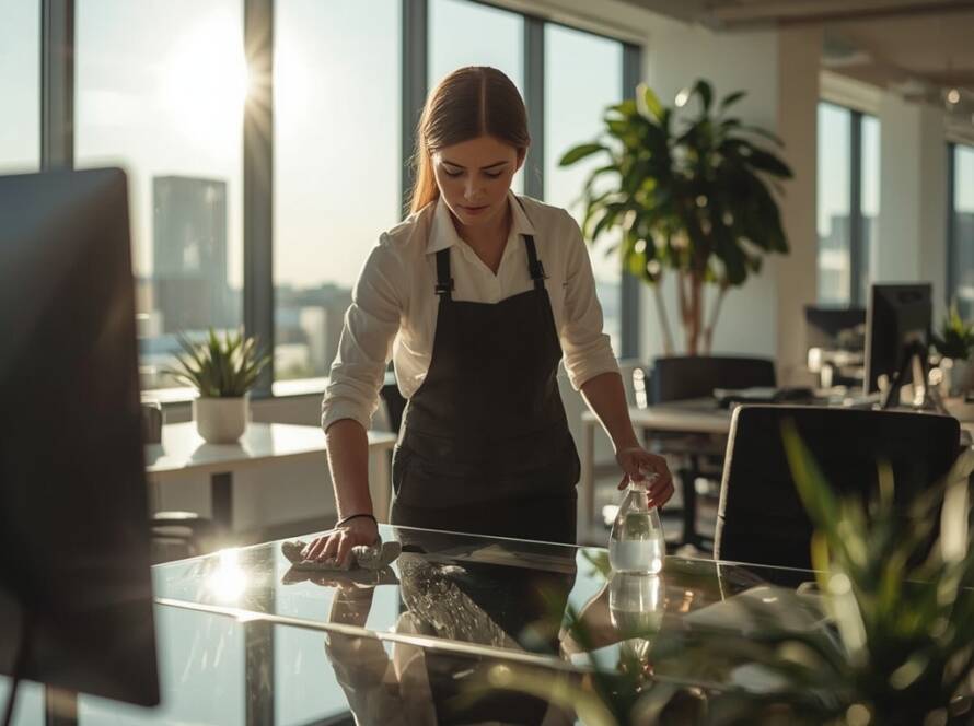 Professional cleaner performing eco-friendly office cleaning in a bright modern St. Louis workspace with sunlight and plants.